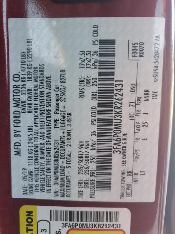 3FA6P0MU3KR262431 - 2019 FORD FUSION SEL BURGUNDY photo 12