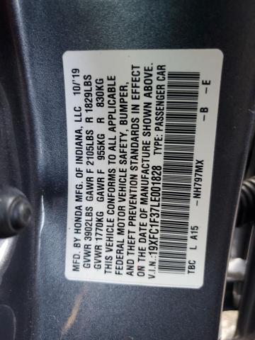 19XFC1F37LE001828 - 2020 HONDA CIVIC EX GRAY photo 12