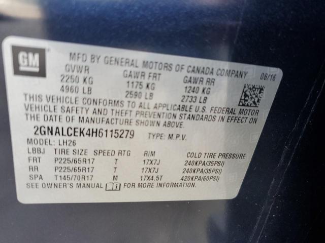 2GNALCEK4H6115279 - 2017 CHEVROLET EQUINOX LT BLUE photo 13