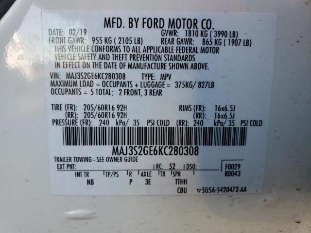 MAJ3S2GE6KC280308 - 2019 FORD ECOSPORT SE WHITE photo 12