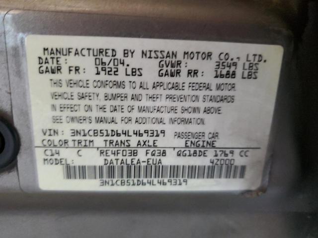 3N1CB51D64L469319 - 2004 NISSAN SENTRA 1.8 SILVER photo 12