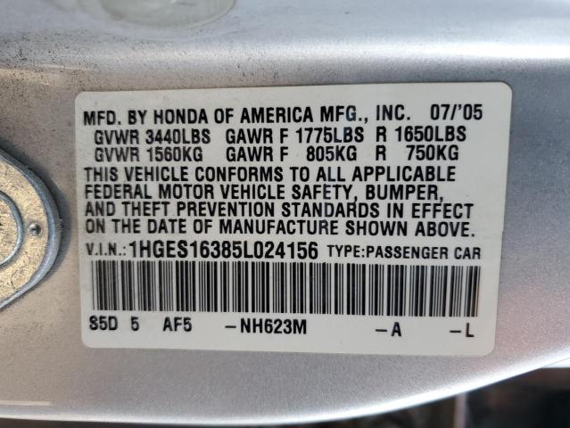 1HGES16385L024156 - 2005 HONDA CIVIC DX VP ვერცხლისფერი ფოტო 12