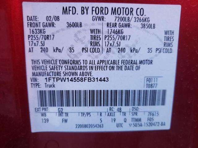 1FTPW14558FB31443 - 2008 FORD F150 SUPERCREW RED photo 13