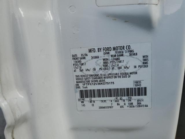 1FTPX12V36KD75175 - 2006 FORD F150 WHITE photo 12