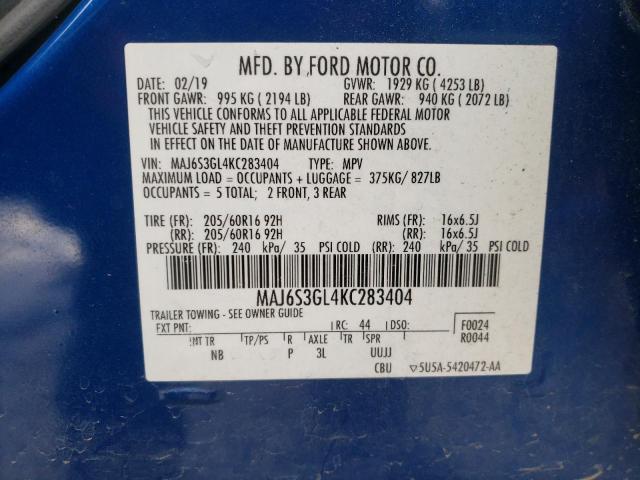 MAJ6S3GL4KC283404 - 2019 FORD ECOSPORT SE BLUE photo 12