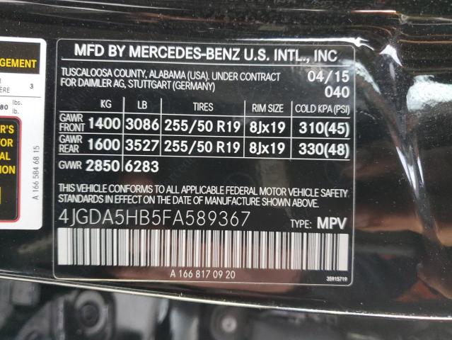 4JGDA5HB5FA589367 - 2015 MERCEDES-BENZ ML 350 4MATIC BLACK photo 12