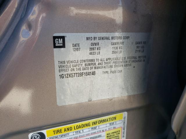 1G1ZK57728F184148 - 2008 CHEVROLET MALIBU LTZ თაფლისფერი ფოტო 10