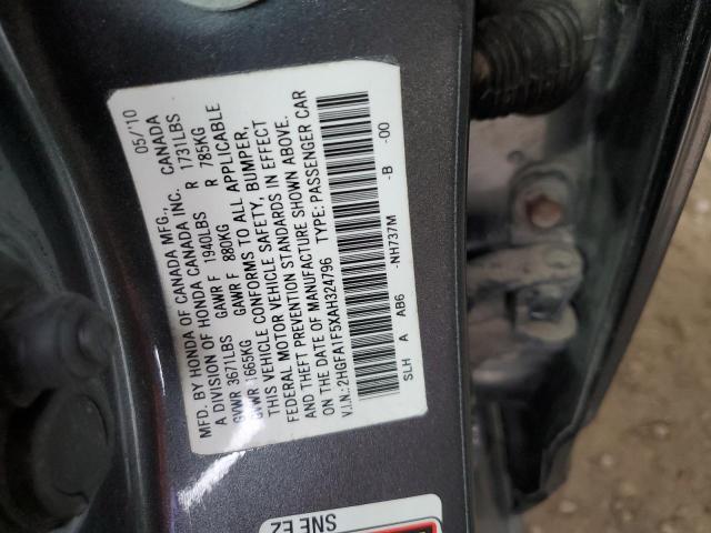 2HGFA1F5XAH324796 - 2010 HONDA CIVIC LX GRAY photo 12