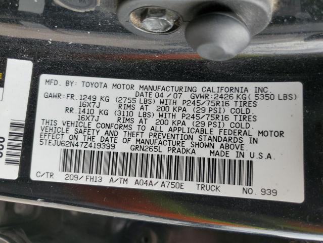 5TEJU62N47Z419399 - 2007 TOYOTA TACOMA DOUBLE CAB PRERUNNER BLACK photo 12