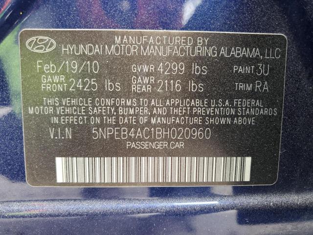 5NPEB4AC1BH020960 - 2011 HYUNDAI SONATA GLS BLUE photo 12