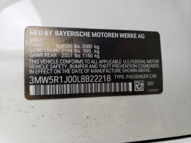3MW5R1J00L8B22218 - 2020 BMW 330I WHITE photo 12