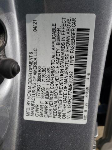 19XFC1F74ME209542 - 2021 HONDA CIVIC EXL ვერცხლისფერი ფოტო 13