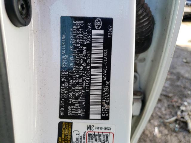 4T1BE46K87U536249 - 2007 TOYOTA CAMRY CE WHITE photo 12