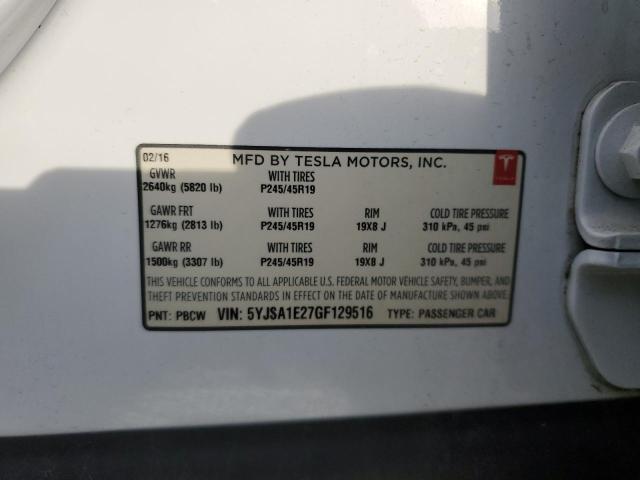 5YJSA1E27GF129516 - 2016 TESLA MODEL S WHITE photo 13