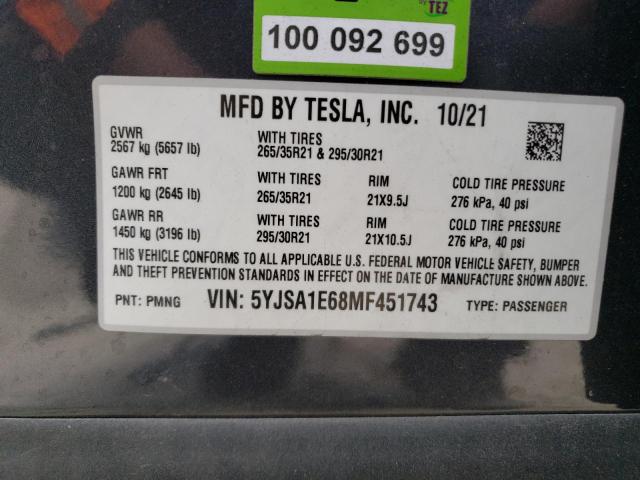 5YJSA1E68MF451743 - 2021 TESLA MODEL S Boz foto 13