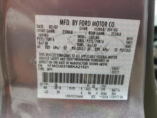 1FMCU03188KA21521 - 2008 FORD ESCAPE XLT GRAY photo 12