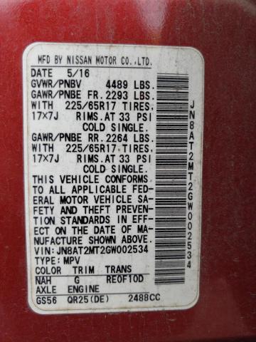 JN8AT2MT2GW002534 - 2016 NISSAN ROGUE S RED photo 13