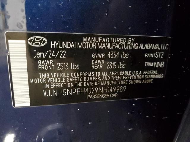 5NPEH4J29NH149989 - 2022 HYUNDAI SONATA LIMITED BLUE photo 12