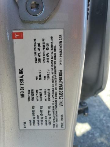 5YJ3E1EAXJF041857 - 2018 TESLA MODEL 3 SILVER photo 13