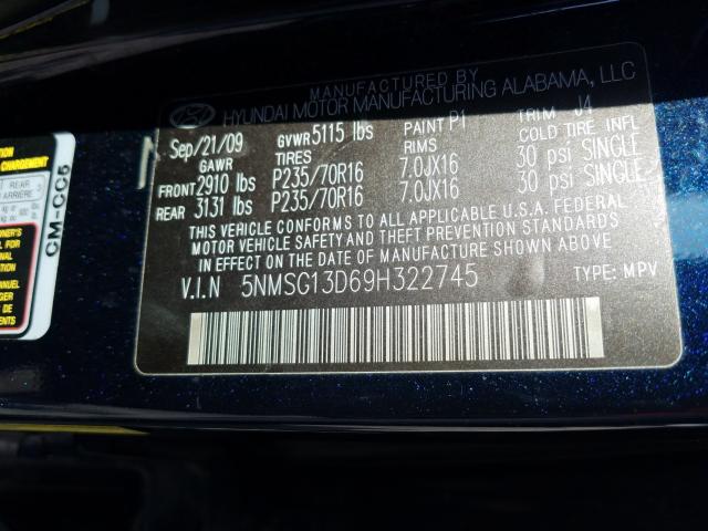 5NMSG13D69H322745 - 2009 HYUNDAI SANTA FE GLS BLACK photo 10