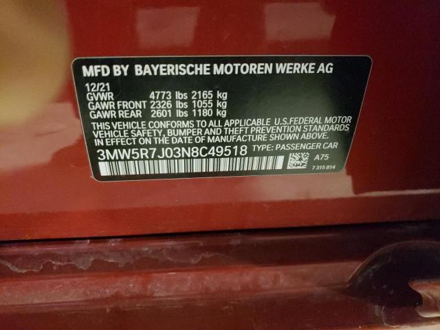 3MW5R7J03N8C49518 - 2022 BMW 330XI RED photo 12