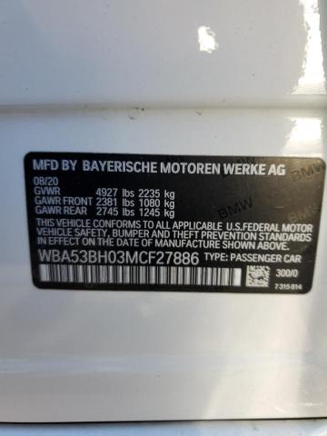 WBA53BH03MCF27886 - 2021 BMW 530 I WHITE photo 12