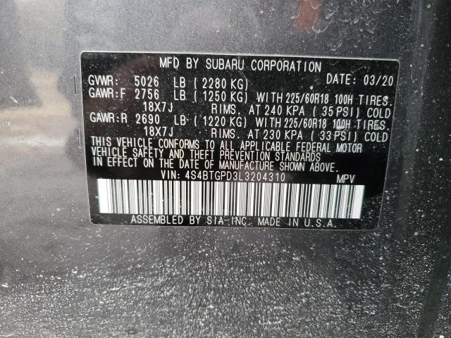 4S4BTGPD3L3204310 - 2020 SUBARU OUTBACK TOURING LDL ნაცრისფერი ფოტო 14