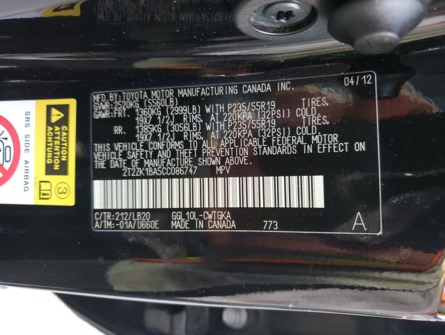 2T2ZK1BA5CC086747 - 2012 LEXUS RX 350 BLACK photo 12