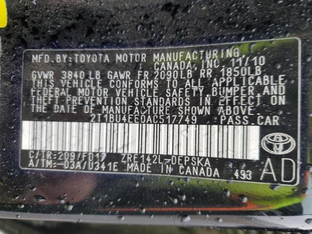 2T1BU4EE0AC517749 - 2010 TOYOTA COROLLA BASE BLACK photo 12