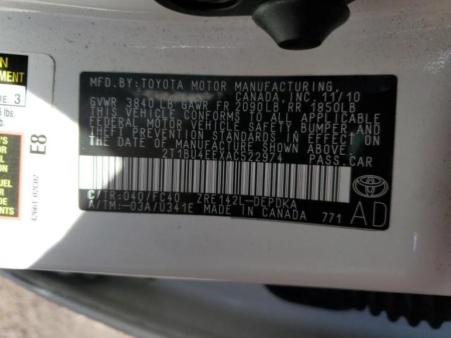 2T1BU4EEXAC522974 - 2010 TOYOTA COROLLA BASE WHITE photo 12