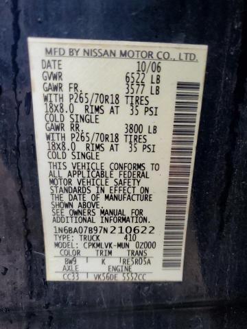 1N6BA07B97N210622 - 2007 NISSAN TITAN XE BLUE photo 13