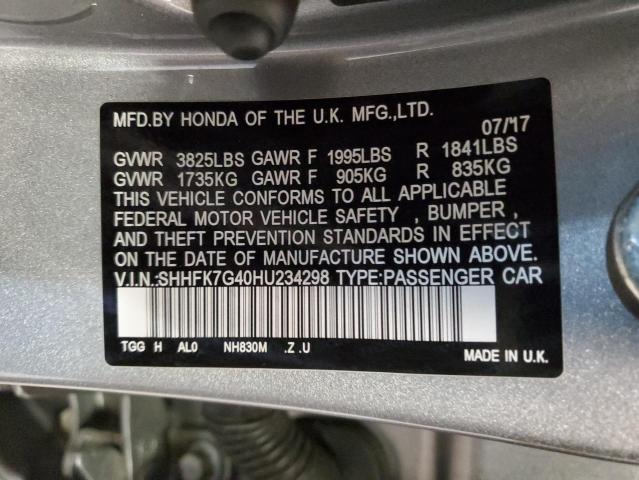 SHHFK7G40HU234298 - 2017 HONDA CIVIC SPORT 银色 照片 12