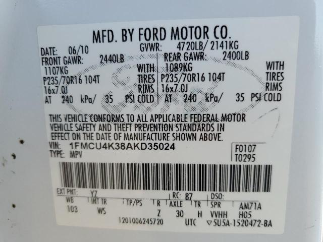 1FMCU4K38AKD35024 - 2010 FORD ESCAPE HYBRID WHITE photo 12