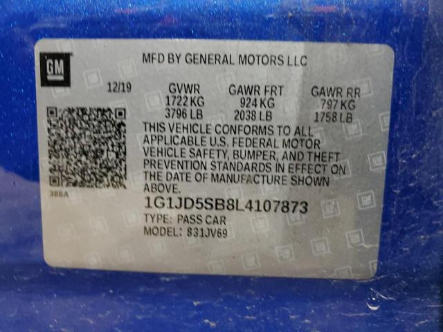 1G1JD5SB8L4107873 - 2020 CHEVROLET SONIC LT BLUE photo 12