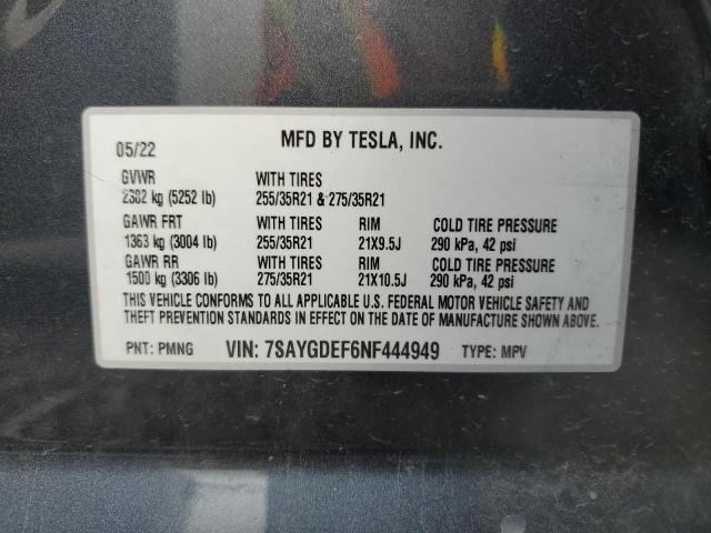 7SAYGDEF6NF444949 - 2022 TESLA MODEL Y CHARCOAL photo 12