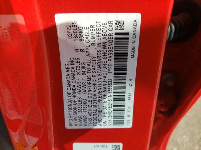 2HGFE2F51NH568532 - 2022 HONDA CIVIC SPORT RED photo 13