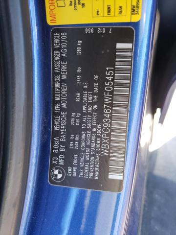 WBXPC93467WF05451 - 2007 BMW X3 3.0SI BLUE photo 12