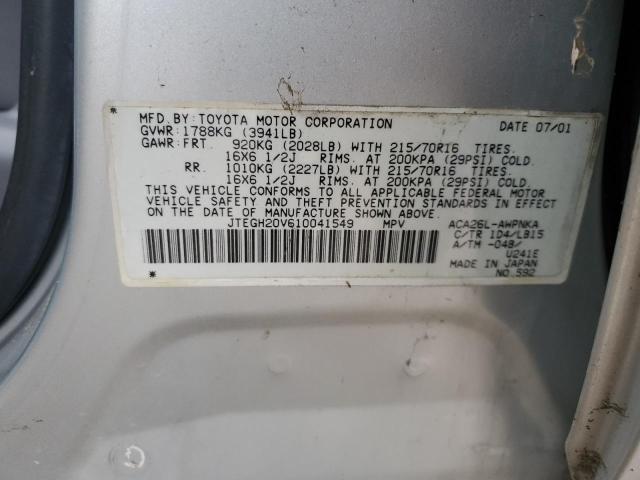 JTEGH20V610041549 - 2001 TOYOTA RAV4 SILVER photo 12