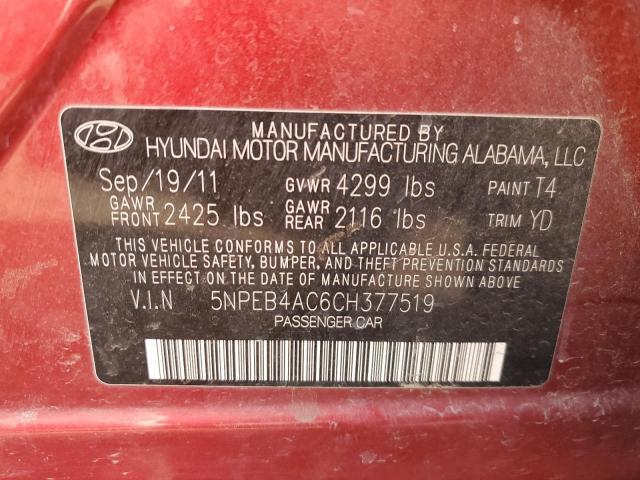 5NPEB4AC6CH377519 - 2012 HYUNDAI SONATA GLS RED photo 12