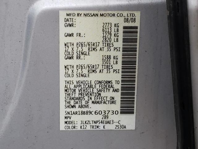 5N1AR18B89C603730 - 2009 NISSAN PATHFINDER S SILVER photo 13