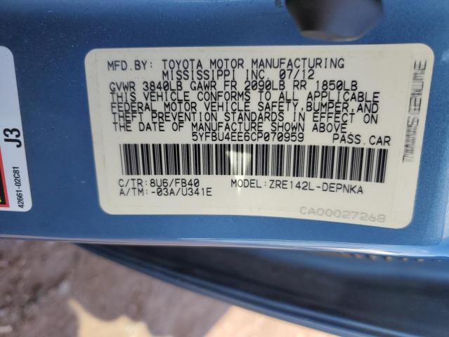 5YFBU4EE6CP070959 - 2012 TOYOTA COROLLA BASE BLUE photo 12