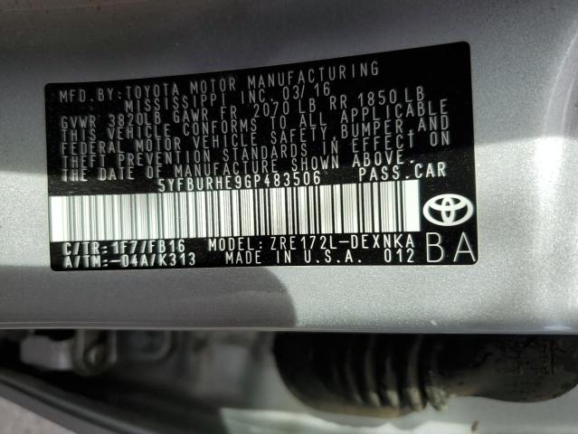 5YFBURHE9GP483506 - 2016 TOYOTA COROLLA L SILVER photo 13