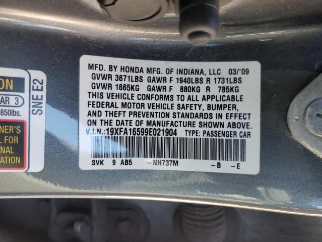 19XFA16599E021904 - 2009 HONDA CIVIC LX GRAY photo 12