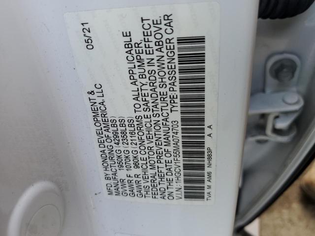 1HGCV1F55MA074703 - 2021 HONDA ACCORD EXL WHITE photo 12