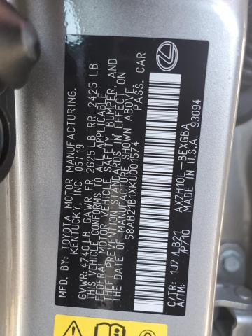 58AB21B1XKU001574 - 2019 LEXUS ES 300H SILVER photo 12