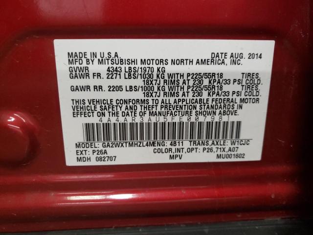 4A4AR3AU5FE007981 - 2015 MITSUBISHI OUTLANDER ES RED photo 12