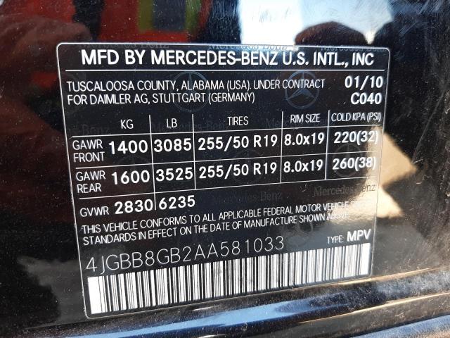 4JGBB8GB2AA581033 - 2010 MERCEDES-BENZ ML 350 4MATIC BLACK photo 13