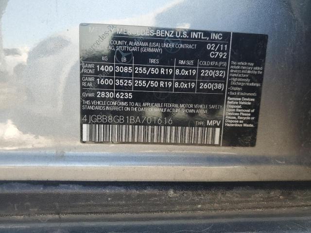 4JGBB8GB1BA701616 - 2011 MERCEDES-BENZ ML 350 4MATIC BLACK photo 12