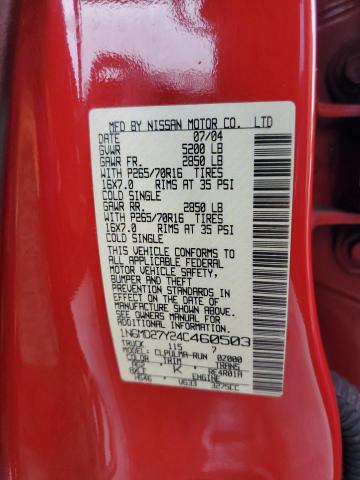 1N6MD27Y24C460503 - 2004 NISSAN FRONTIER CREW CAB SC RED photo 12