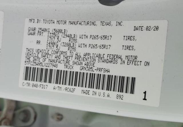 5TFCZ5AN5LX227948 - 2020 TOYOTA TACOMA DOUBLE CAB WHITE photo 12